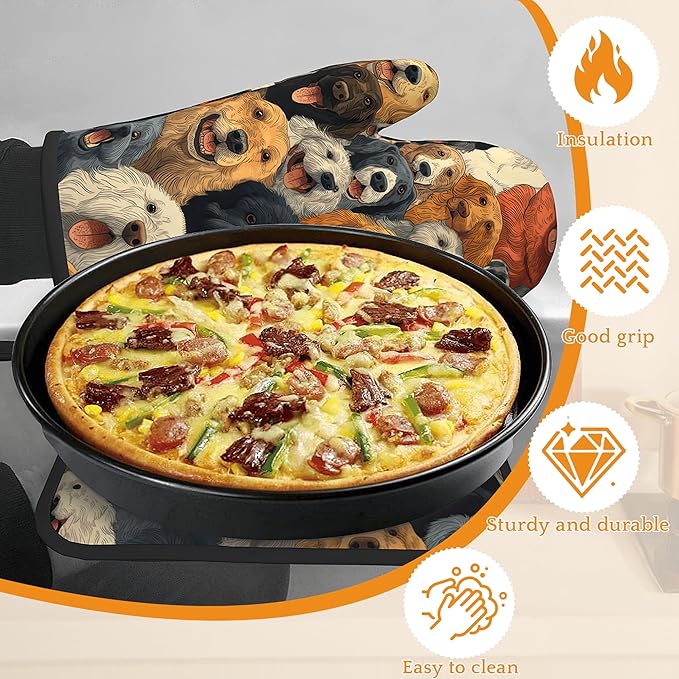 Funny Cute Dog Oven Mitts and Pot Holders Set,Kitchen Decor Heat Resistant Non Slip Hot Pads and Oven Mitt for Chef Cooking Baking BBQ Mom Girl Gifts(4 Piece Set)