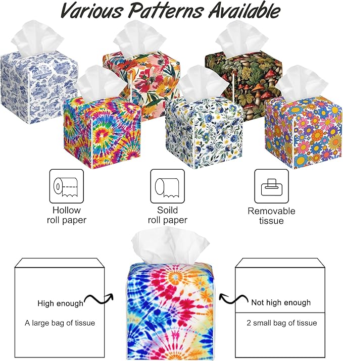Rainbow Tie Dye Swirl Tissue Box Cover Square,Tissue Box Holder with Belt Bottom,Stylish Leather Napkin Holder for Vanity Countertop,Nightstands,Office Desk,5.2"×5.2"×5.2"