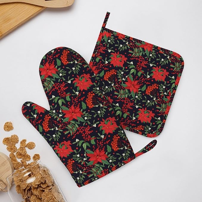 Oven Mitts Pot Holders Set Red Poinsettia Flower Christmas Xmas Silicone Kitchen Gloves Potholders Heat Resistant for Chef Baking Cooking Grilling BBQ 4 Pack Mitt