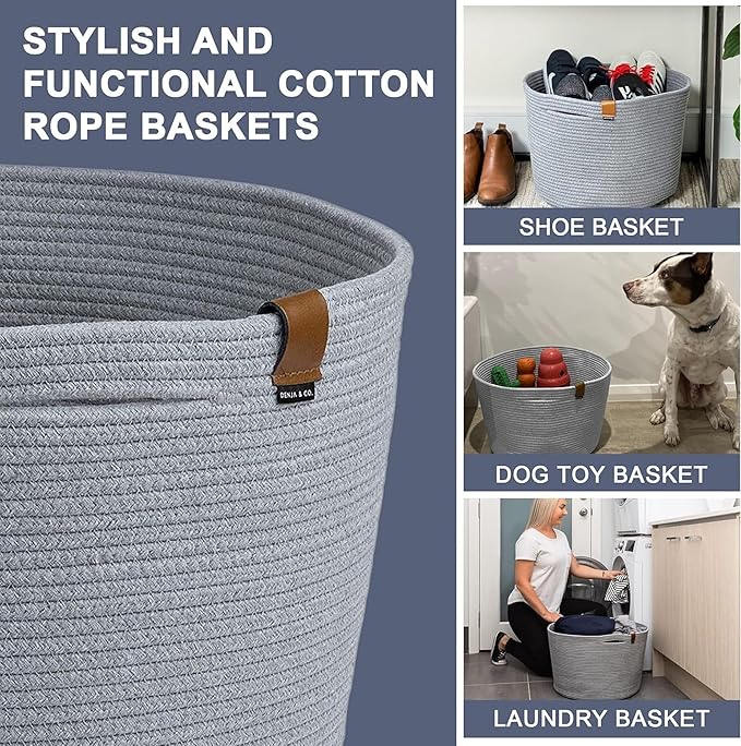 DENJA & CO Large Blanket Basket for Living Room - Decorative Woven Baskets for Storage | Cotton Rope Large Baskets for Blankets, Pillows, Toys, or Laundry | Light Gray (17.7" Wide x 11.4" Tall)