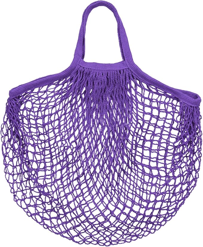M METERXITY 1-Pack Cotton Mesh Bag, Reusable Washable Mesh Net String Grocery Bags, Reusable Produce Bags with Handle, Net Tote Bag for Fruits/Vegetables Shopping [Purple, Short Handle]