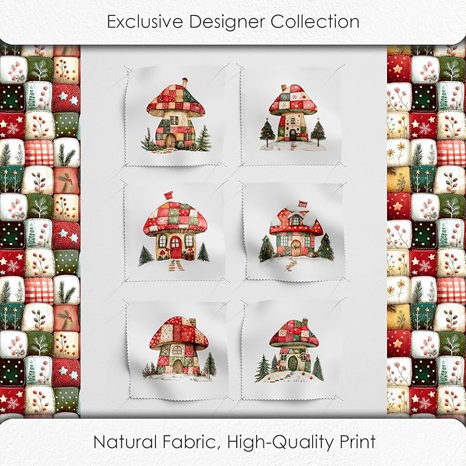Christmas Cottage Patchwork Cotton Fabric Panel – 6 Designs (10"×10" inch Each) + Bonus Patchwork Sheet 29.5"×19.6" inch, 100% Cotton 140 GSM