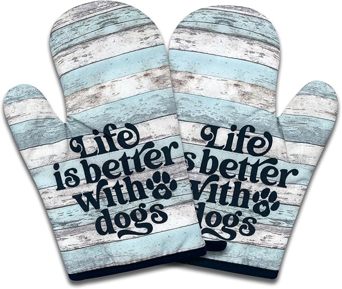 2 Pack Funny Dog Lover Oven Mitts, Life is Better with Dogs, Heat Resistant Baking Mitts, Kitchen Decor Gifts for Dad Mom, Sweet Housewarming Gifts for Hostess Housewife Sister Friend Baker