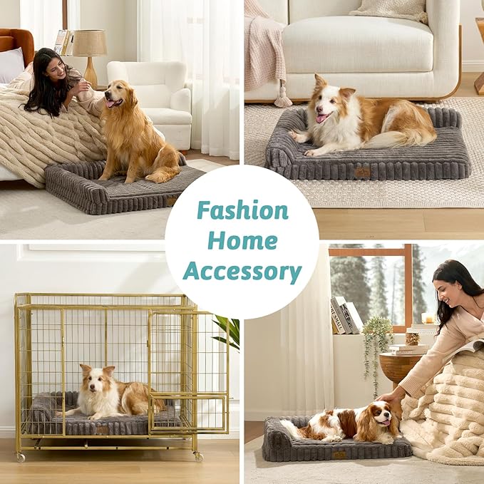 COZY KISS Cute Dog Bed, Faux Rabbit Fur Orthopedic Foam Dog Bed with Sides, Removable Washable Cover & Waterproof Lining, Comfortable Pet Couch for Large Dogs, Grey (44" L x 32" W x 7" Th)