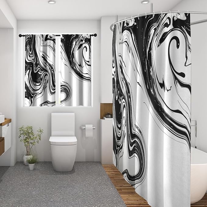 Culudea Marble Vintage Retro Shower Curtain Set, Aqua Gray Abstract Bathroom Window Waffle Cloth Waterproof Shower Curtain Set for Bathroom Decor