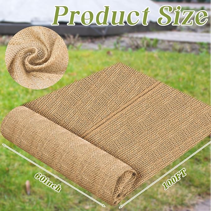 Buryeah 60 Inch x 100 ft Burlap Fabrics Roll Natural Gardening Multipurpose Burlap Weed Barrier Garden Landscape High Density Fabric Jute for Outdoor Home Craft Party Decor Wedding