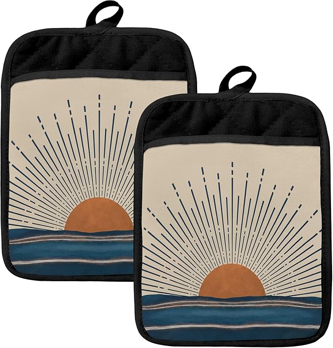Vintage Boho Sun Sunshine Ocean Pot Holders for Kitchen, Sunshine Gifts, Retro Mid Century Coastal Beach Heat Resistant Hot Pads and Oven Mitts for Baking Cooking