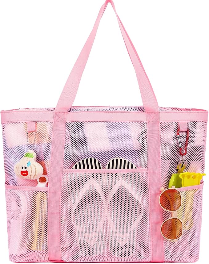 Fammart Mesh Beach Bag, Large Beach Tote Bags with Zipper, Toys Pool Bag for Family Travel Vacation Cruise Essentials