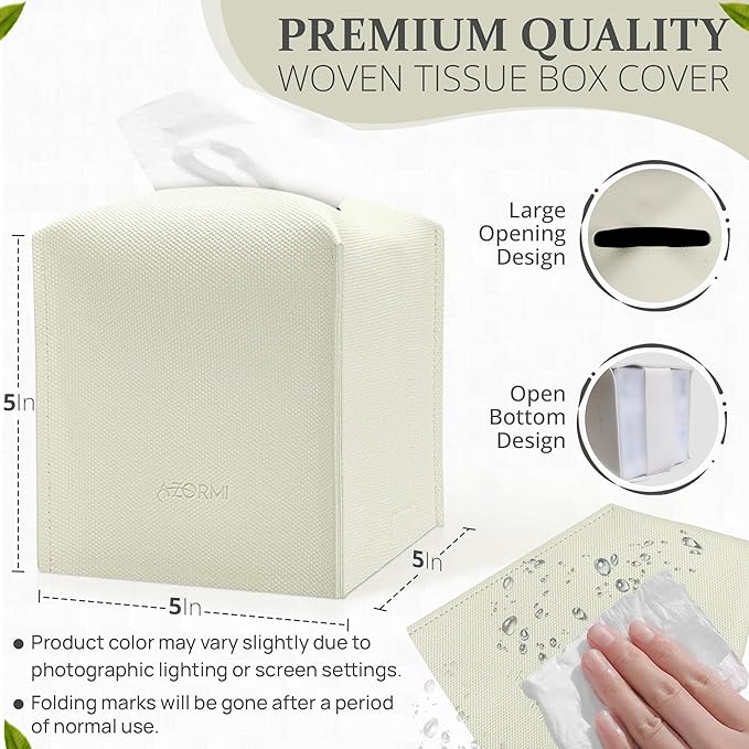 Azormi Tissue Box Cover, PU Leather Square Tissue Box Holder with Woven Pattern, Cube Tissue Box Covers with Bottom Belt, Perfect Decorative Organizer for Tabletop, car, Office, Bathroom (White)