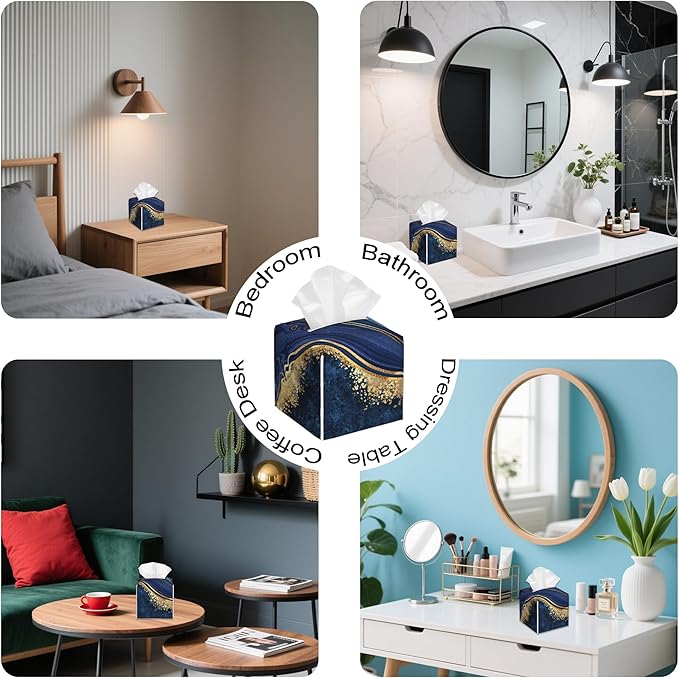 Blue Marble Tissue Box Cover,PU Leather Tissue Box Holder Square,Modern Home Decoration for Bathroom Living Room Kitchen Office Car,5.2"×5.2"×5.2"
