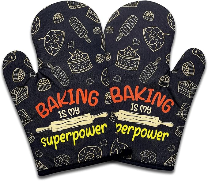 2 Pack Funny Baking Oven Mitts for Women, Baking is My Superpower, Heat Resistant Silicone Non-Slip Mitts, Hostess Gifts for Mom Wife Sister, Housewarming Gifts for Chef Friend Bake Lovers