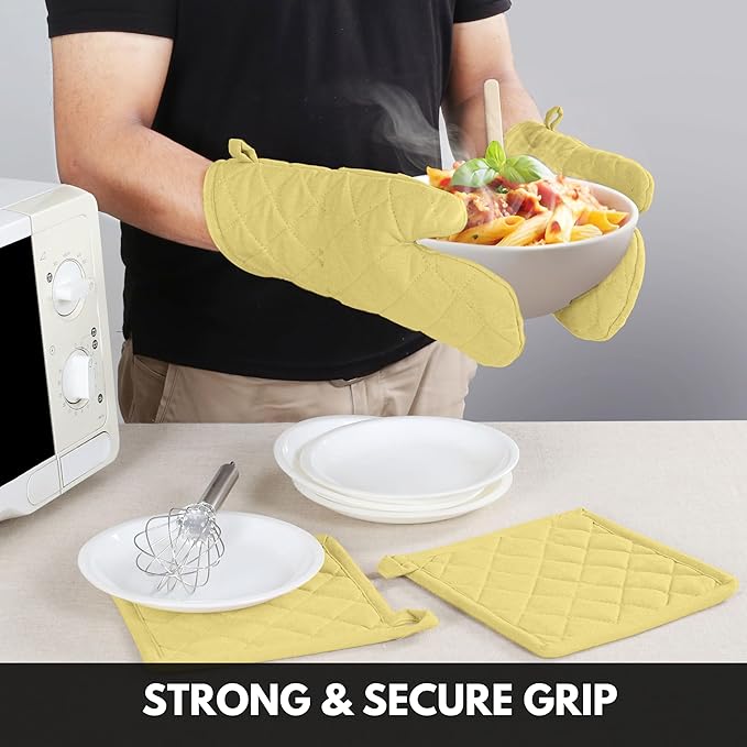 Oven Mitt (7"x13") & Pot Holder (8"x8") 100% Cotton Set of Heat Resistant Oven Gloves & Hot Pads for Gifts, BBQ, Cooking, Baking, Thanksgiving - Pale Yellow