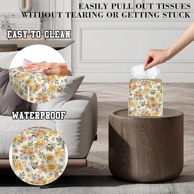 OHEGBXE Retro Hippie Flower Tissue Box Holder Bee and Honeycomb Square Leather Tissue Box Cover Modern Cube Facial Paper Cover Case for Bathroom Vanity Countertop Night Stands Tabletop