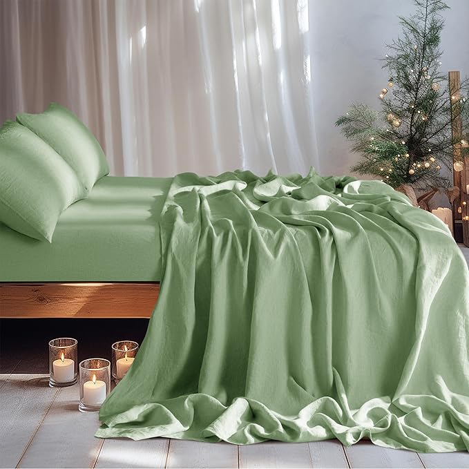 LBRO2M 100% Linen Sheet Set King Size,Bed Sheets 4 Piece Sets,Solid Color Natural Flax Bed Sheets Soft Breathable Bedding,16" Deep Pocket,All Season (King, Green)
