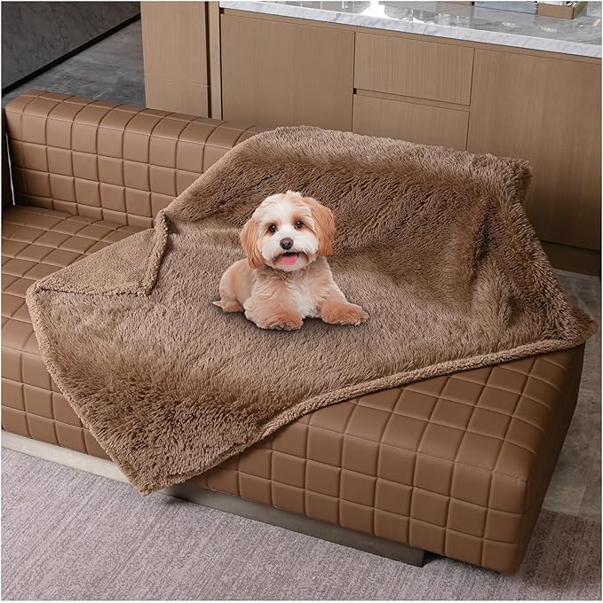 Wowchine Waterproof Dog Blanket Brown Fluffy Long Faux Fur Pet Throw Blankets 28x20in for Couch Love Bed Cover Washable(Brown,XS)