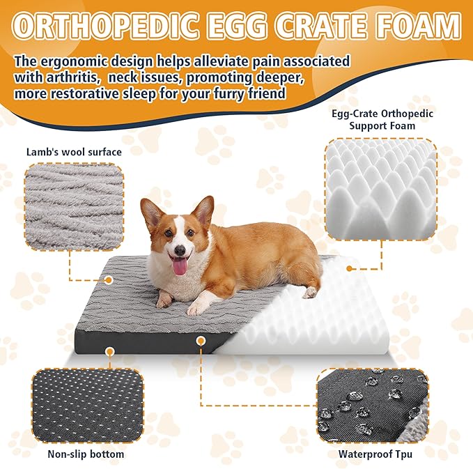 Maihandasi Orthopedic Dog Beds Large Sized Dog – Waterproof Plush Pet Mattress with Removable Washable Cover, Non-Slip Bottom, Memory Foam Mat for Crate, 35x22 Inch, Grey