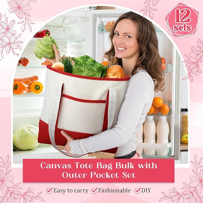Sanwuta Canvas Tote Bags Bulk with Outer Pocket and Makeup Pouch 18'' Reusable Grocery Bags with Handles for Women Beach DIY