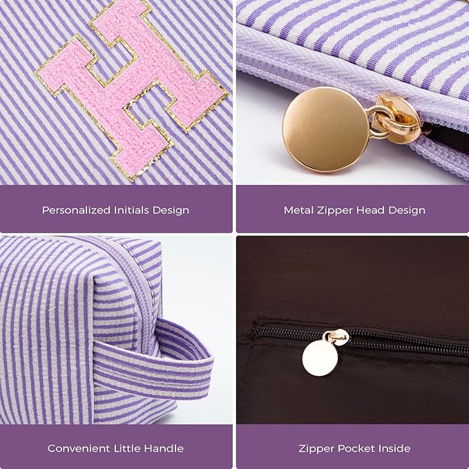 Btffitting Monogrammed Gifts for Women - Cosmetic Bag for Teen,Initial Cute Makeup Bag Set for Women,Trendy Pouch for Niece Sister Friend Female Her,Birthday Gifts for Daughter - Lavender,H