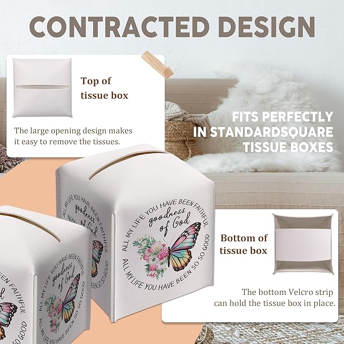 Butterfly Decorative Tissue Box Cover Square, Leather Tissue Box Dispenser, Christian Inspirational Quote Gift Ideas for Friends, Goodness of God, Bathroom Office Decor-(5.2 Inches)