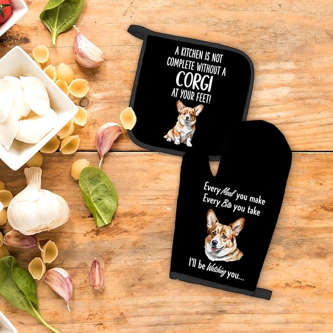 Corgi Gifts Dog Oven Mitts and Pot Holders Sets, Corgi Gifts for Corgi Lovers Kitchen Accessories Sets, Complete Without a Corgi Dog Black Heat Resistant Oven Glove Potholder for Kitchen Baking