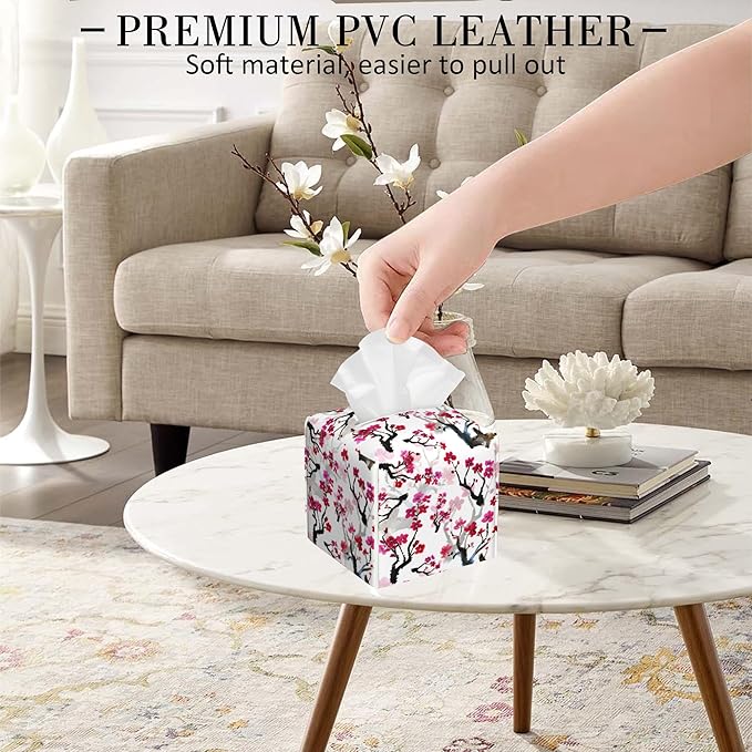 POIUBLE Leather Tissue Box Holder Pink Blooming Flowers Tissue Box Cover Square Waterproof Tissue Holder Organizer Modern Napkin Holder for Bedroom Dresser Night Stand Office Desk