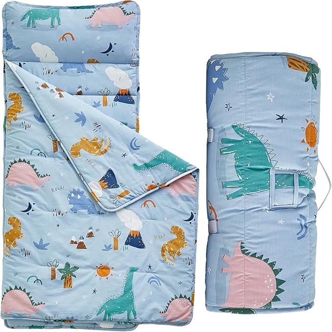 DuShow Cotton Toddler Nap Mat Dinosaur,Roll Up Slumber Bags for Boys,Toddler Nap Mat with Removable Pillow, Kids Sleeping Mat for Daycare and Preschool Kindergarten-Blue ﻿