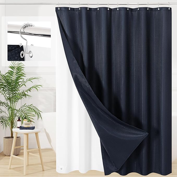 Craidlela 3 in 1 Shower Curtain Set, Navy Blue Waffle Shower Curtain and PEVA Liner Set with 12 Stainless Steel Shower Curtain Hooks, Waterproof Fabric Shower Curtains for Bathroom, 72 W x 72 H
