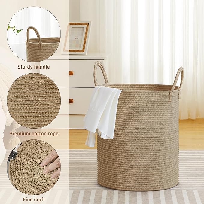 SunNewt Tall Laundry Basket with Handles, 53L Portable Dirty Clothes Hamper, Boho Cotton Rope Storage Bin for Blankets Kids Toys Gifts, Decorative Organizer for Baby Nursery Bedroom Bathroom, Jute
