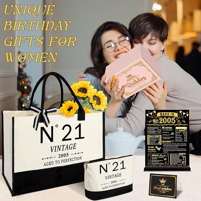 21st Birthday Gifts for Her Canvas Tote Bag Travel Gear, Unique 21 Years Old Gifts for Girlfriend Sister Coworker Friends Classmate Women, Vintage N°21 Handbag & Cosmetic Bag & Back in 2005 Poster