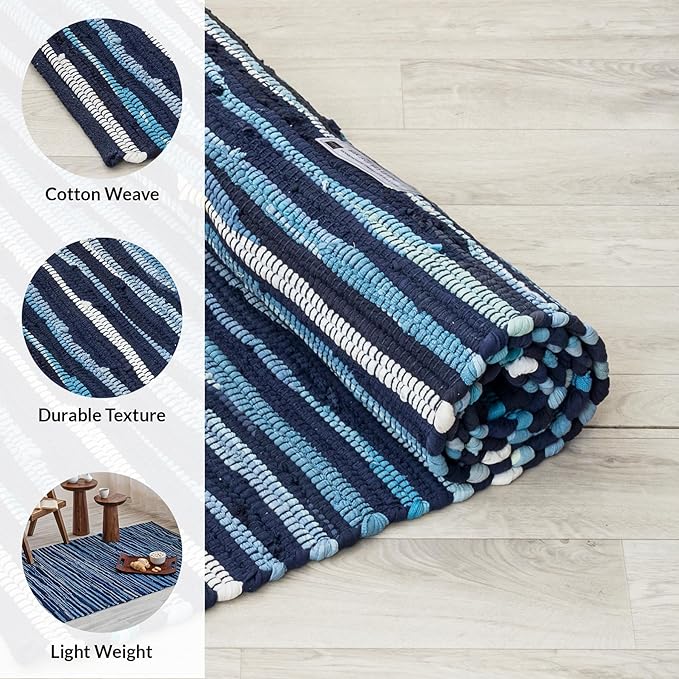 HOMEMONDE Navy Rag Rug 20"x32" Recycled Soft Cotton Chindi Rugs Hand Crafted Reversible Boho Home Decor for Entyrway, Doormat, Kitchen, Bedroom, Living Room