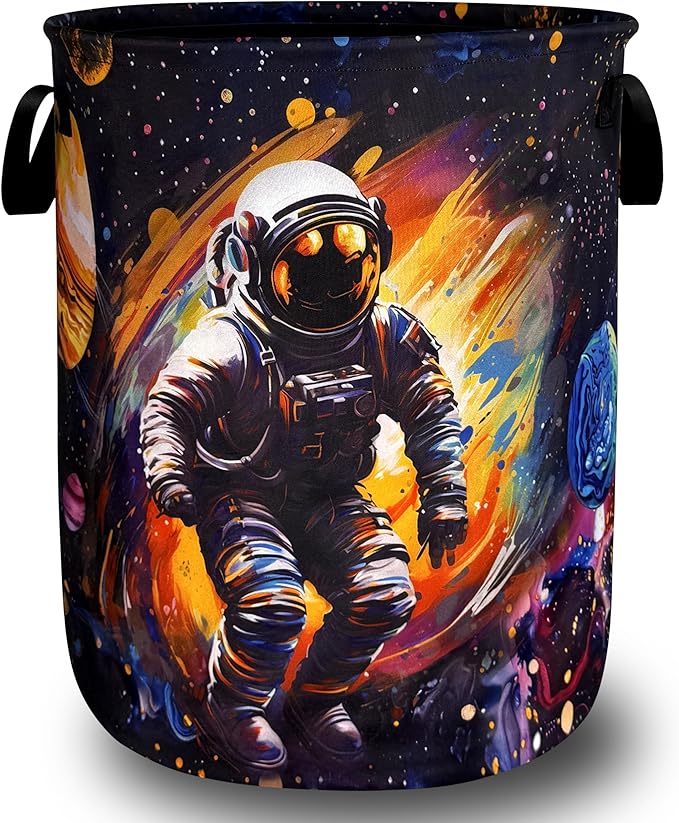 Funny Astronaut Laundry Hamper Oxford Cloth Colorful Universe Planet Laundry Basket With Handle Portable Clothes Storage Basket Foldable Laundry Bag 18.9"x16.5" For Laundry Room/Bedroom/Bathrooms
