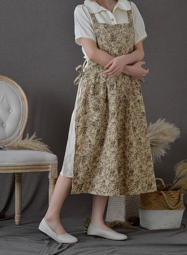 Japanese apron Women-Cross Back Apron for Women with Pockets, Pinafore Aprons, Womens Cotton Linen Apron