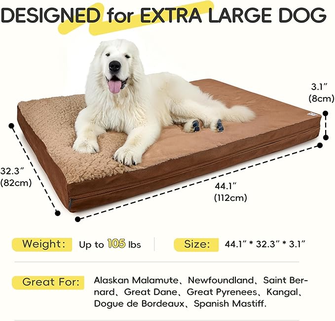 Sytopia Indestructible 44" Dog Bed for Large Dogs – Waterproof, Washable, Removable Cover, Durable Multi- Size Comfort Clearance Indoor Flat Dog Bed, Thick Orthopedic Support, Brown