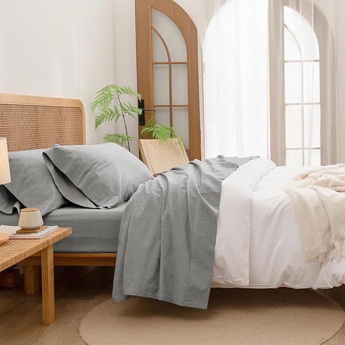 BESTOUCH Sheet Set 100% Washed Cotton Linen Feel Super Soft Comfortable Chic Lightweight 4 Pcs Home Bedding Set Solid Light Grey King