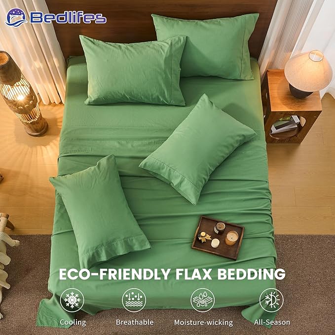 Bedlifes 100% French Pure Linen Sheets King Size Breathable and Cooling Flax Sheet Set Soft Durable and Moisture Wicking 16 Inch Deep Pocket-4 Piece(King,Sage Green)