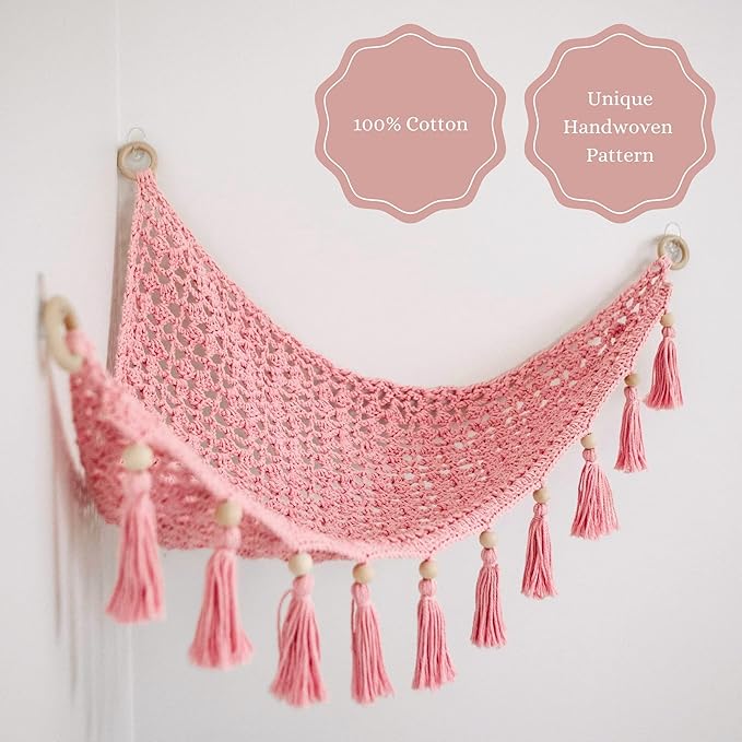 Sasa Baby and Toddler Macrame Toy Hammock for Stuffed Animals - Plushie Toy Hammock for Baby Girl Nursery Decor, Plush Hammock, Stuffy Hammock, Hanging Stuffed Animal Organizer, Sweet Pink