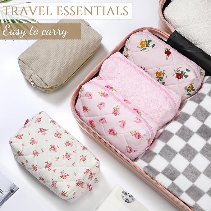 Paterr 10 Pcs Quilted Makeup Bag Bulk Cotton Floral Cosmetic Bag Women Girls Bridesmaid Gifts Cute Makeup Pouch Coquette Aesthetic Travel Toiletry Organizer(Beige Floral,7.87 x 4.72 x 3.15 Inches)
