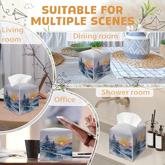 Winter Pine Tree Tissue Box Holder, Winter Forest Landscape Leather Tissue Box Cover Square, Paper Facial Decorative Tissues Cover for Night Stands Bathroom Kitchen Office Home Decor-B22
