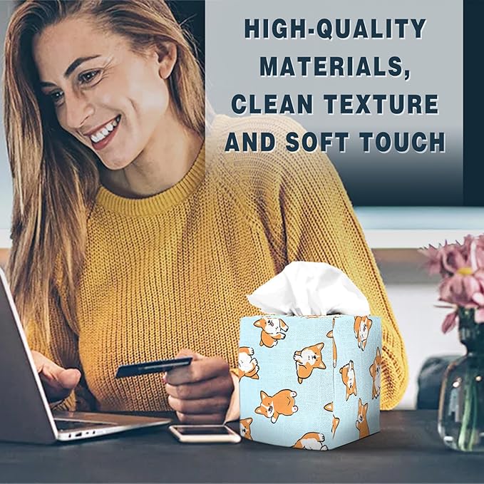 Tissue Box Cover Square Decorative Tissue Box Holder Cute Funny Cube Tissue Case Cover-Corgi Tissue Box Cover