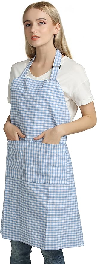 Vintage Gingham Kitchen Aprons Chef Bib Canvas Aprons Christmas Holiday Home Decorative 100% Pure Cotton Aprons in Large Size with Pockets Adjustable Neck Strap Long Ties Aprons(Blue)