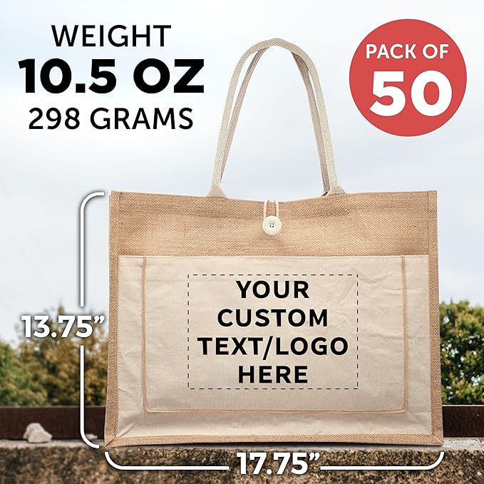DISCOUNT PROMOS Custom Jute Tote Bags with Cotton Pocket Set of 50, Personalized Bulk Pack - Reusable, Great for Picnic, Camping, Beach, Outdoor Activities - Natural