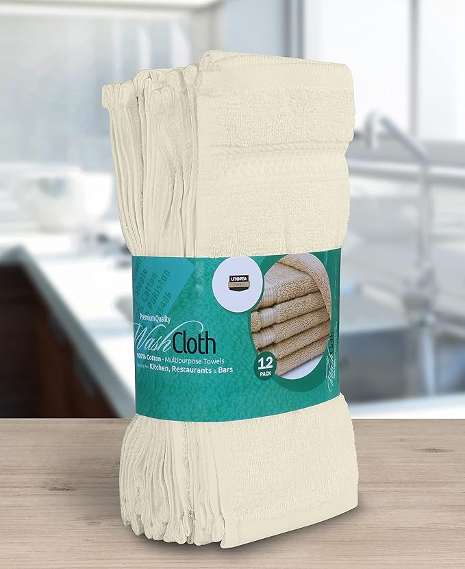 Utopia Towels 12 Pack Premium Wash Cloths Set, 12 by 12 Inches, 100% Cotton Ring Spun, Highly Absorbent and Soft Feel Essential Washcloths for Bathroom, Spa, Gym, and Face, Ivory
