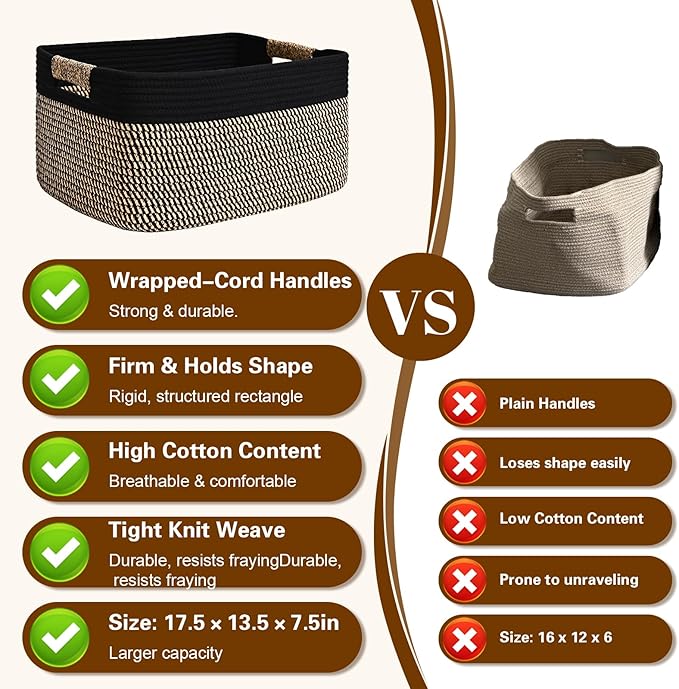 2 Pack Large Storage Basket for Organizing, 17.5"x13.5"x7.5" Woven Basket for Shelves, Closet Cube Storage Bins with Wrapped Handle, Cotton Rope Baskets for Kitchen, Clothes, Toys(Black & Brown)
