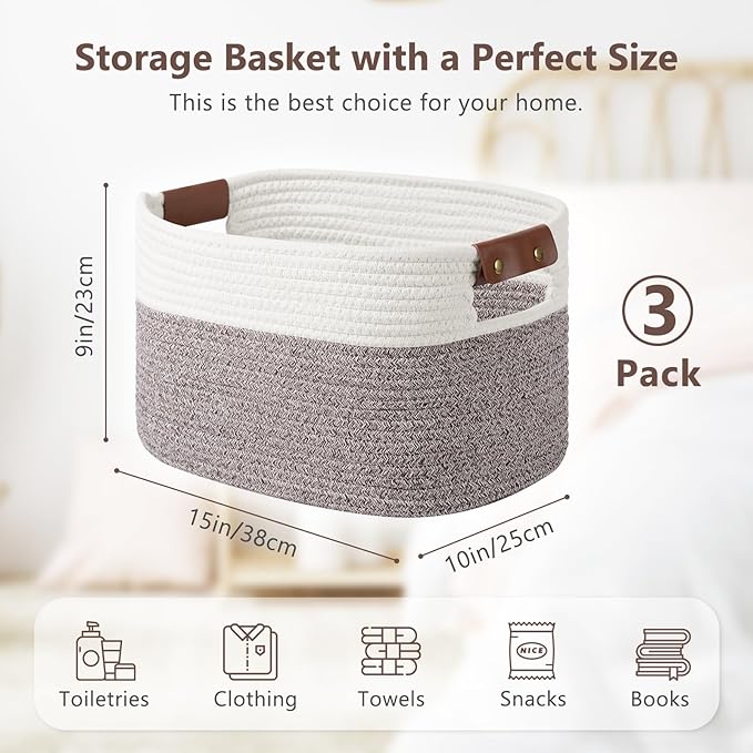 ECDYQXVU Cotton Rope Basket, Storage Baskets with Handle, 15x10x9 Inch Woven Basket for Shelves, Laundry, Towels, Clothes, Books (White Brown 3 Pack)
