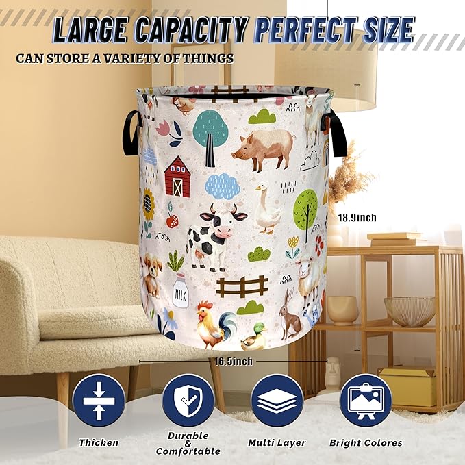 Cute Animals Laundry Basket Oxford Cloth Animal Dogs Cows Chicken Laundry Hamper With Handle Portable Clothes Storage Basket Foldable Funny Laundry Bag 18.9"x16.5" For Laundry Room/Bedroom/Bathrooms