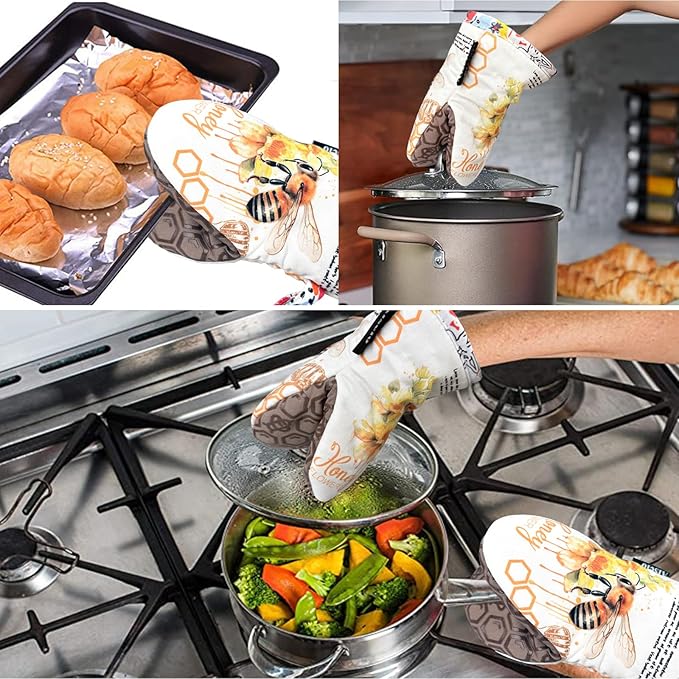 Mini Oven Mitts,2pk - Silicone Little Kitchen Gloves, Heat Resistant with Non-Slip Grip and Soft Quilted Cotton Lining for Safe Backing Cooking Barbecue (Khaki, Bee)