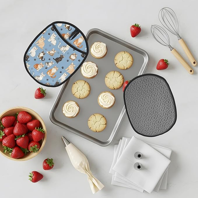 Pot Holders 2 Pack Silicone, Cotton Lining, Heat Resistant to 500°F (260°C), Non-Slip Grip, 7.5"x9.4" Oval Kitchen Hot Pads for Oven, Cooking (Cat, Potholders)
