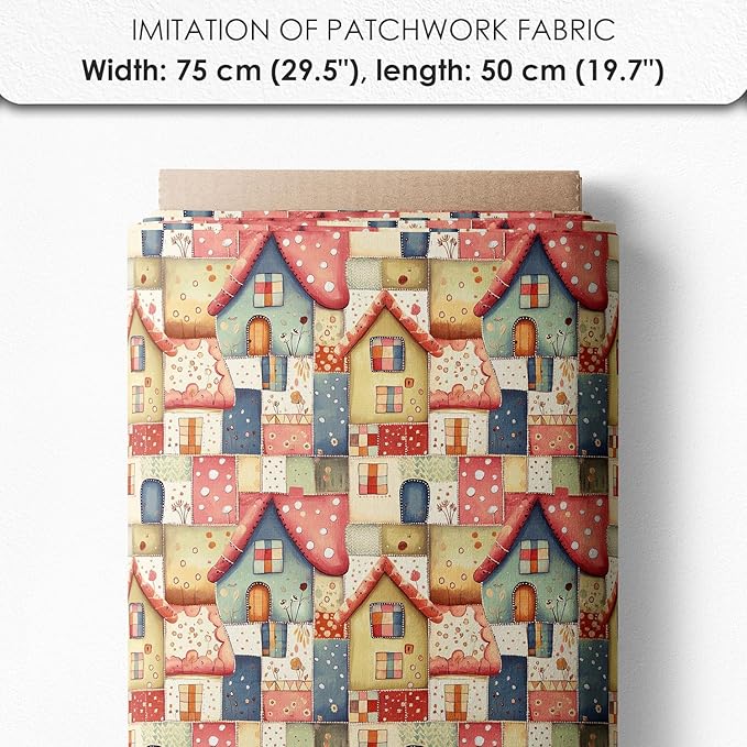 Patchwork Fairy Cottage Cotton Fabric Panel – 6 Designs (10×10 inch Each) + Bonus Sheet 29.5×19.6 inch, 100% Cotton 140 GSM, Made in Türkiye