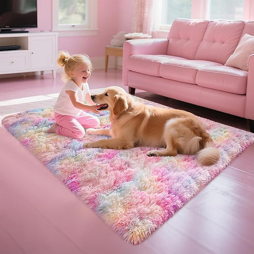 3x5 Pastel Rainbow Rug for Girls Bedroom, Fluffy Colorful Unicorn Rug for Kids Room Cute Floor Carpets Shaggy Playing Mat for Toddler Baby Girls Room Nursery Home Tie-Dyed Rainbow Rugs