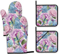 Hummingbird Oven Mitts and Pot Holders Set,Pink Flower Floral Kitchen Decor Heat Resistant Non Slip Hot Pads and Oven Mitt for Chef Cooking Baking BBQ Mom Girl Gifts(4 Piece Set)